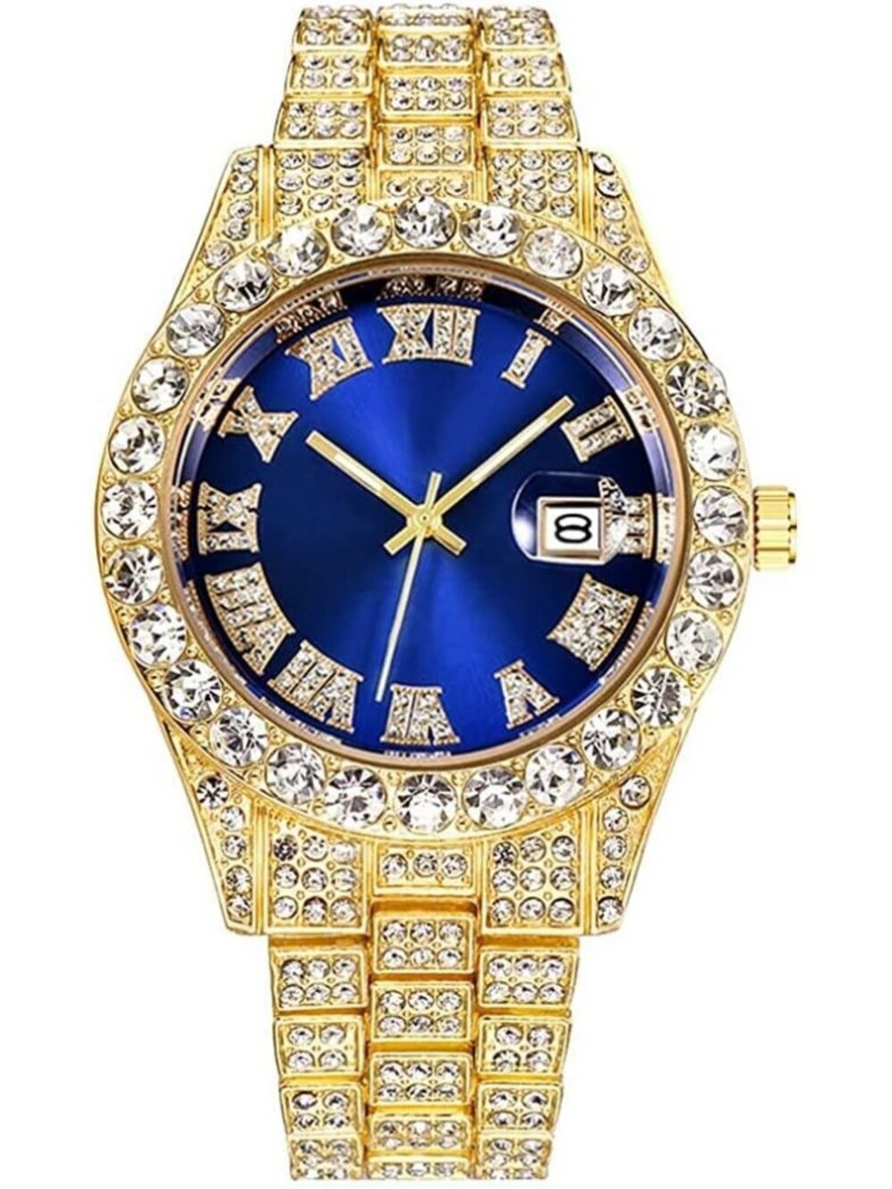 Men's Gold Blue Analog Crystal Rhinestone Diamond Iced-Out Bracelet Wrist Watch